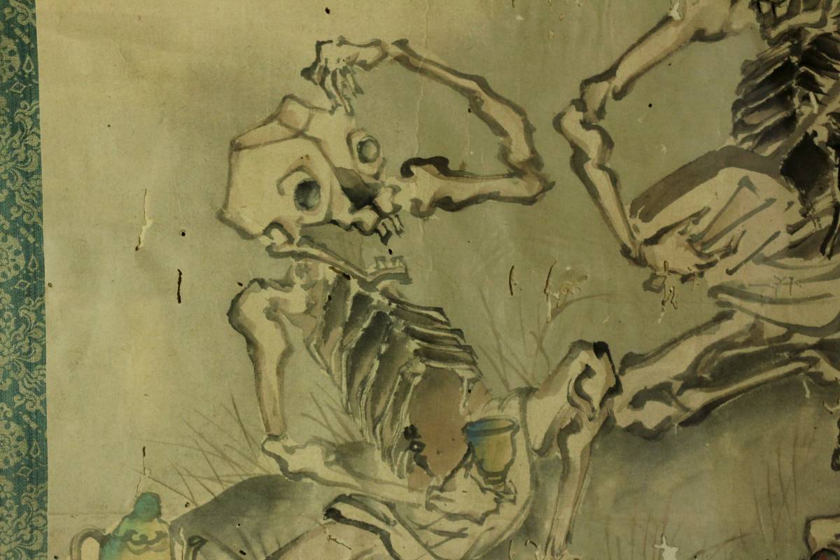 宙】 河鍋暁斎 髑髏 肉筆水墨画 紙本 ドクロ 希少作品 幕末明治の