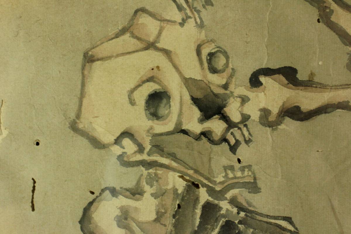 宙】 河鍋暁斎 髑髏 肉筆水墨画 紙本 ドクロ 希少作品 幕末明治の
