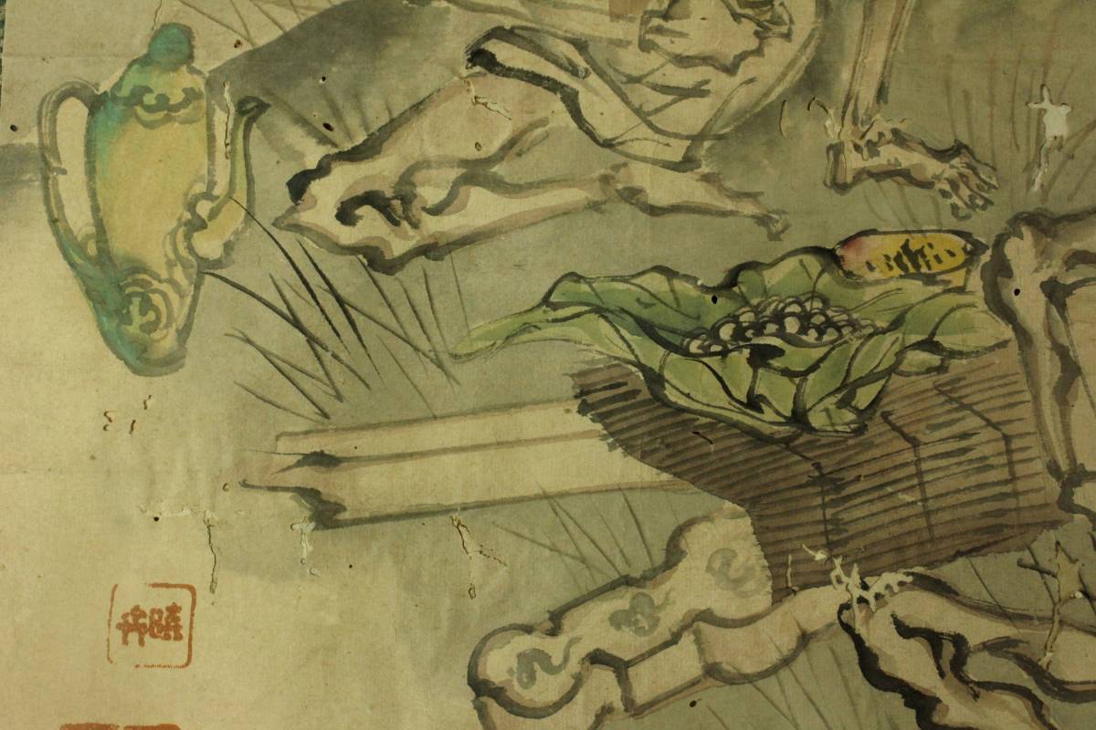 宙】 河鍋暁斎 髑髏 肉筆水墨画 紙本 ドクロ 希少作品 幕末明治の