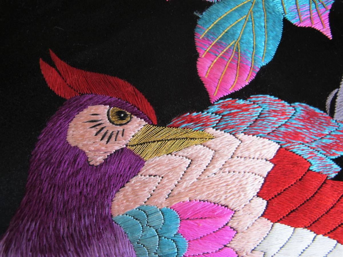 尾長鳥 カラフル 総刺繍アンティーク名古屋帯 - 竹と鳥＊刺繍 カラフル 