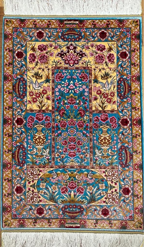 イラン直輸入 カシャーン産 ペルシャ絨毯モダールシルク 高密度256万ノット 最高峰ペルシャアートシルク絨毯 ハンド&マシンメイドge6