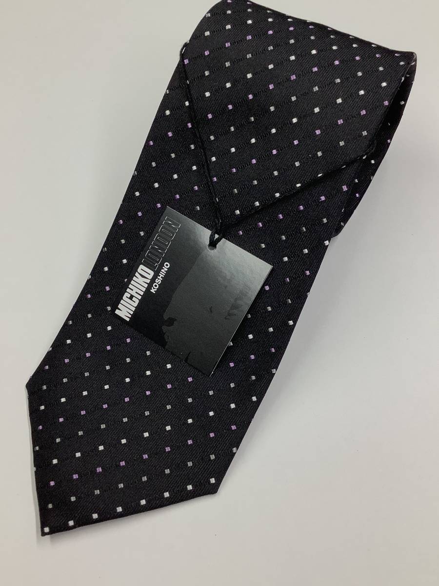 新品ミチコロンドン日本製ネクタイ　黒ベース小柄 シルク100%お買い得サービス