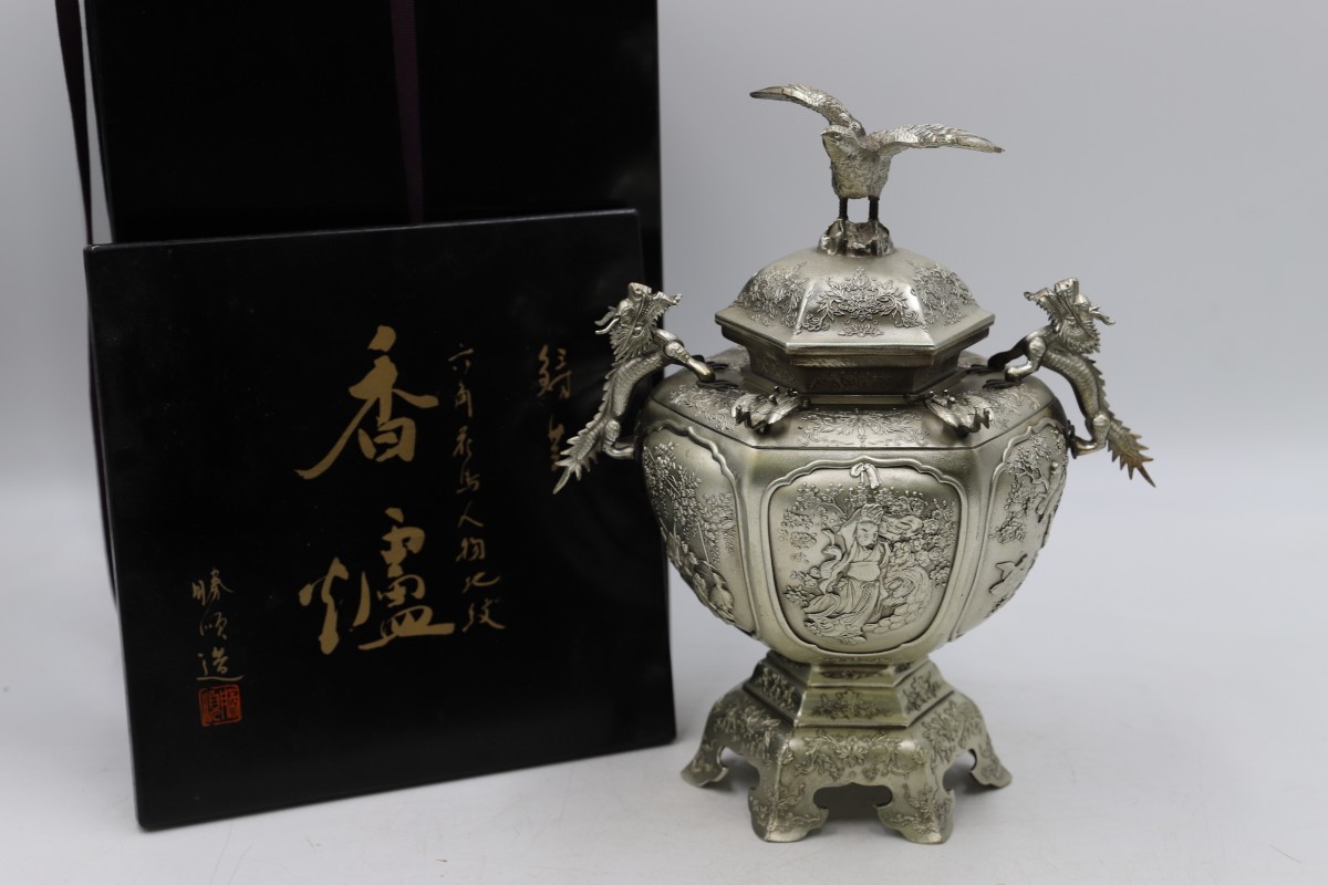 共箱 勝順造 白銅製 六角花鳥人物地紋大香炉 (E1468) Yahoo 染錦花鳥文