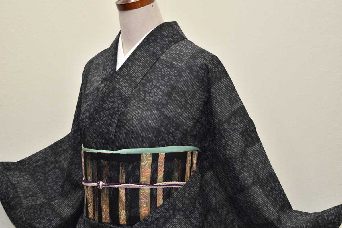 ちどりや】新品 美品 化繊 紗 小紋 夏物 広衿 身丈167cm/裄68cm L寸 