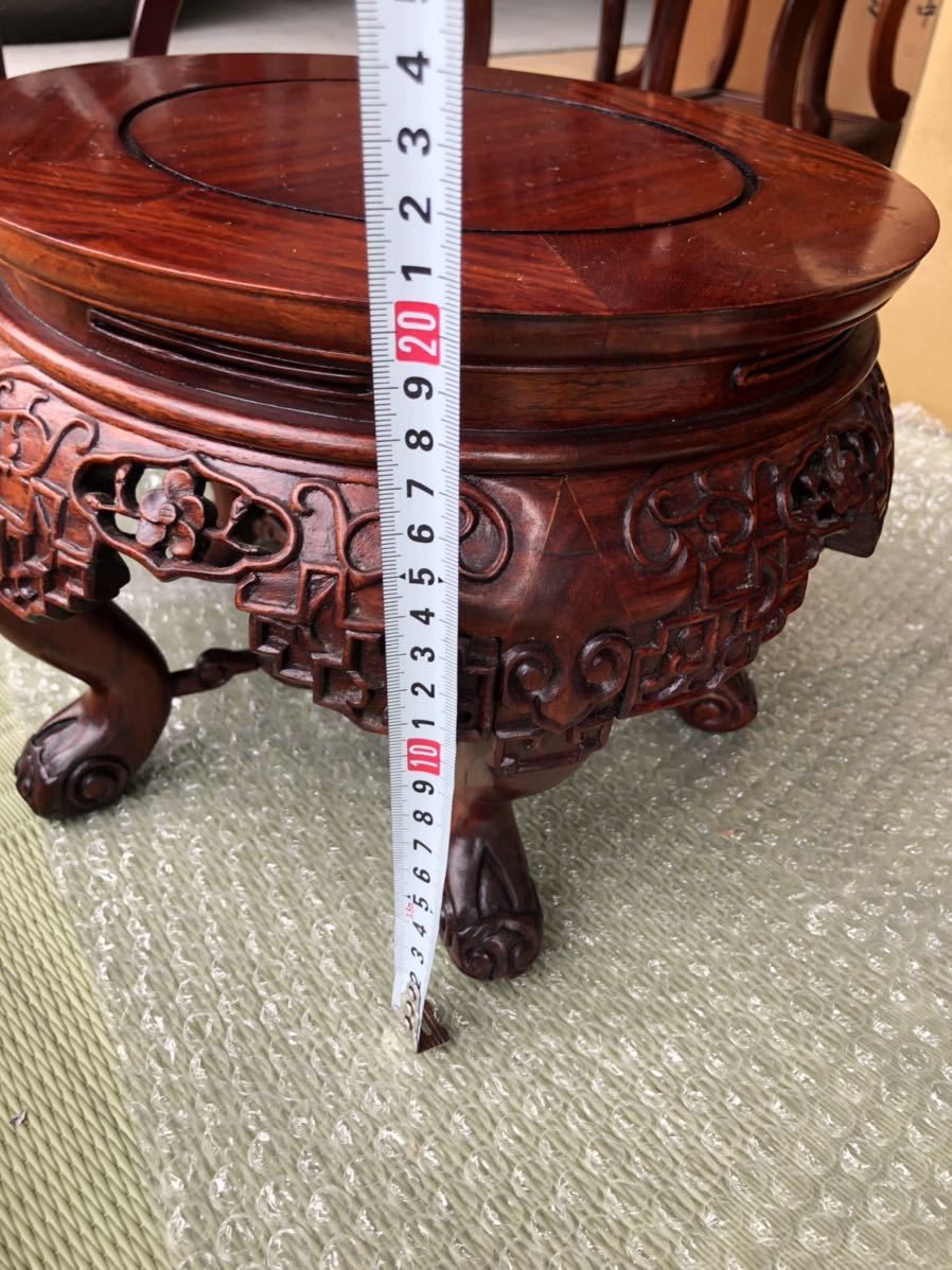 中国古玩 唐木造竹節彫刻高卓四足花台 唐木台 香炉台 盆栽