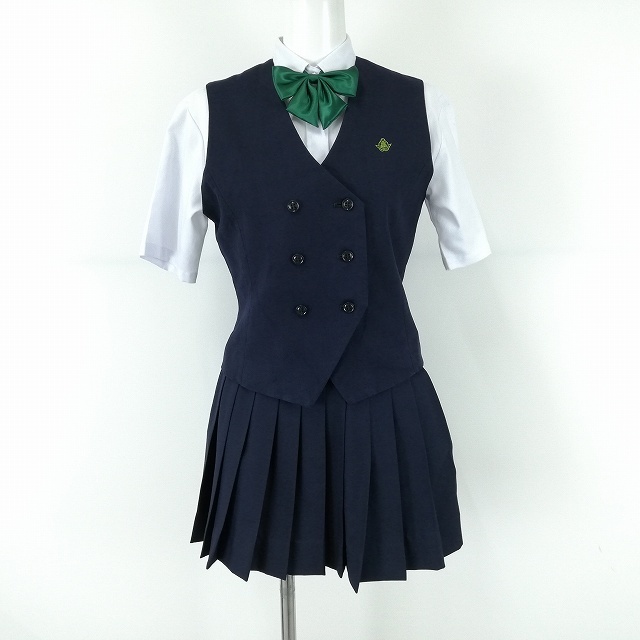 1円 ベスト マイクロミニスカート リボン 等 上下4点セット 冬物 女子 学生服 佐賀北高校 紺 制服 中古 ランクC NA5096