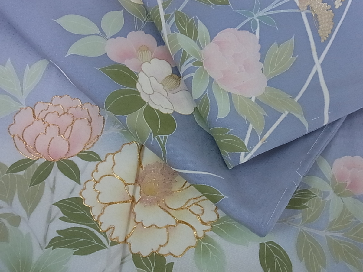 着物屋こころ■訪問着　友禅　刺繍　草花文　暈し染め　金彩　丹後ちりめん　反端付き　着丈157cm　裄63cm　正絹　逸品　A-ta1542 暈し染め 逸品 金彩 裄64.5cm B-fe3469 平和