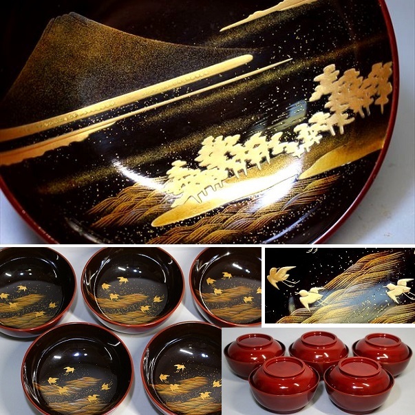 千筋小吸物椀 10客 茶道具 懐石道具 松葉蒔絵 杢目 共箱 千筋小吸物椀