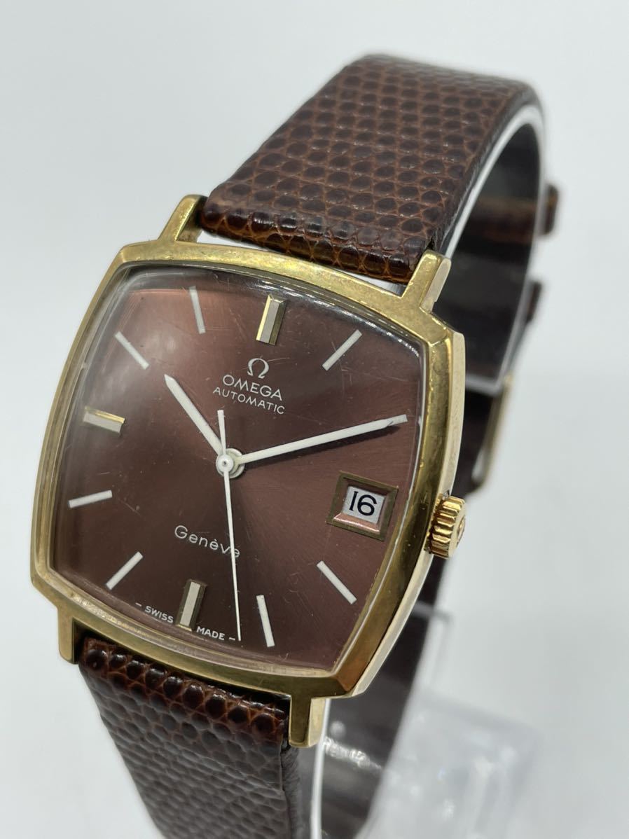 【1563-1】稼働品 OMEGA オメガ ジュネーブ 162.0010 161 デイト ゴールド 自動巻き ワインレッド文字盤 プラ風防 透かしあり
