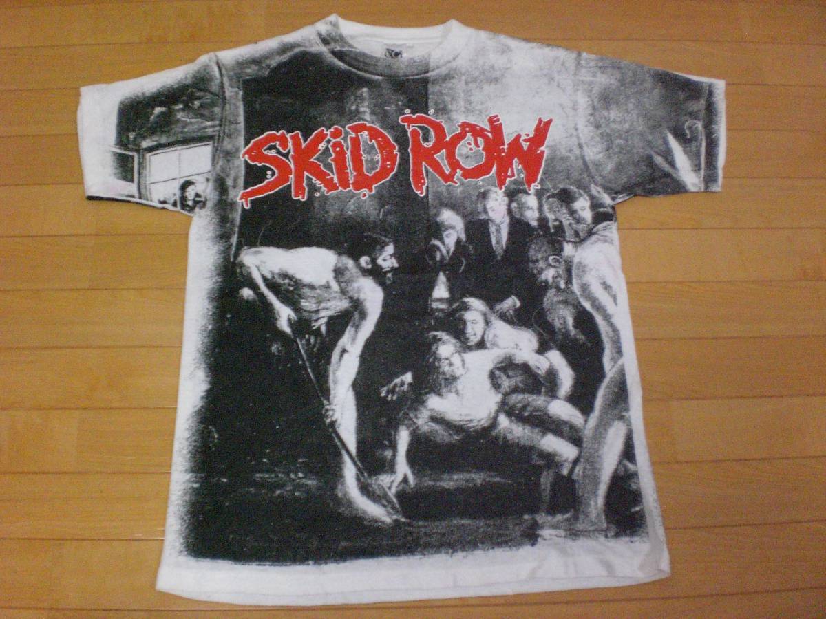 当時物 ビンテージ 90s SKID ROW スキッドロウ 総柄 Tシャツ SLAYER 