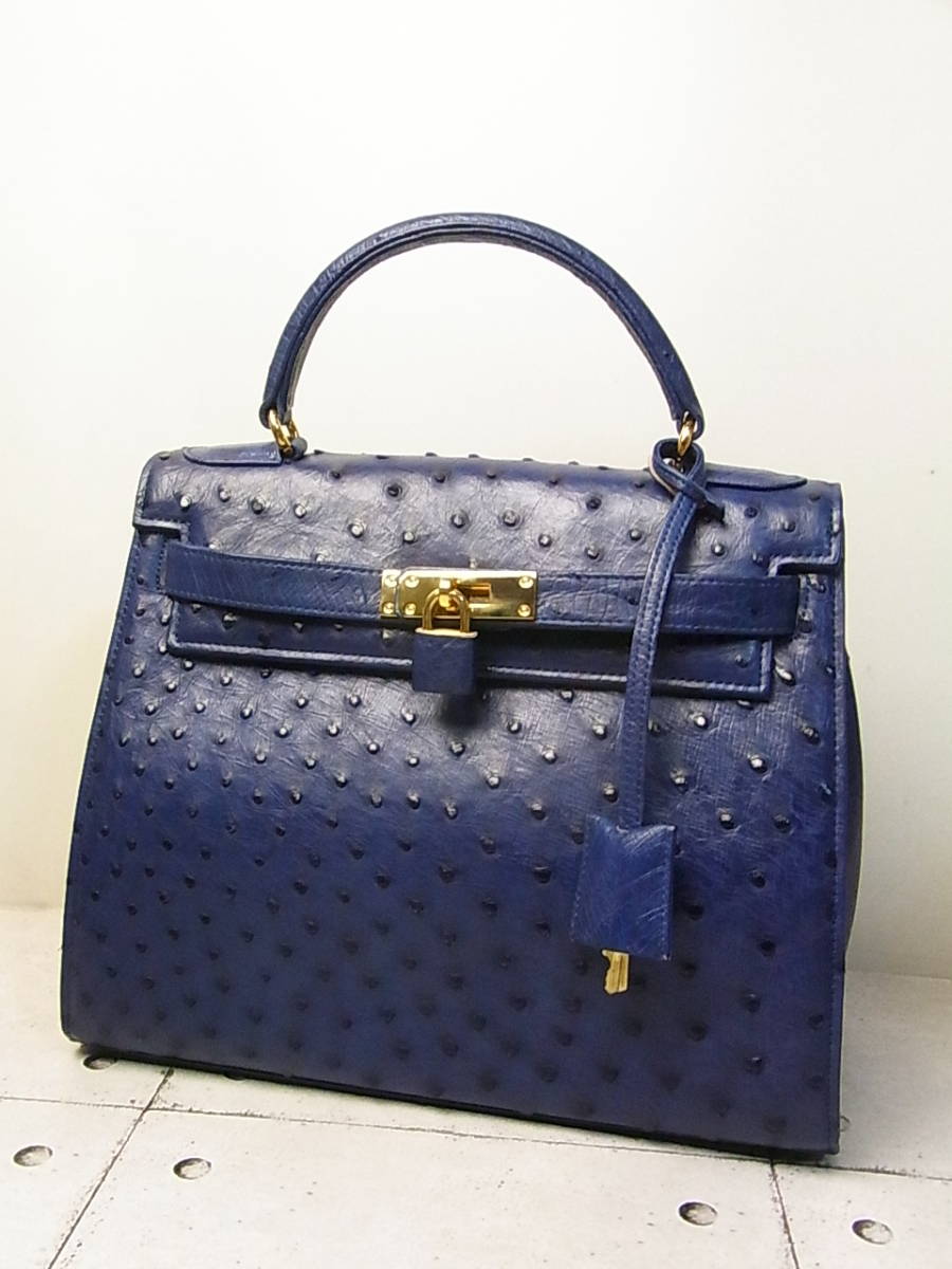 オーストリッチ ハンドバッグ ブルー系 USED/美品・鍵付き HERMES 