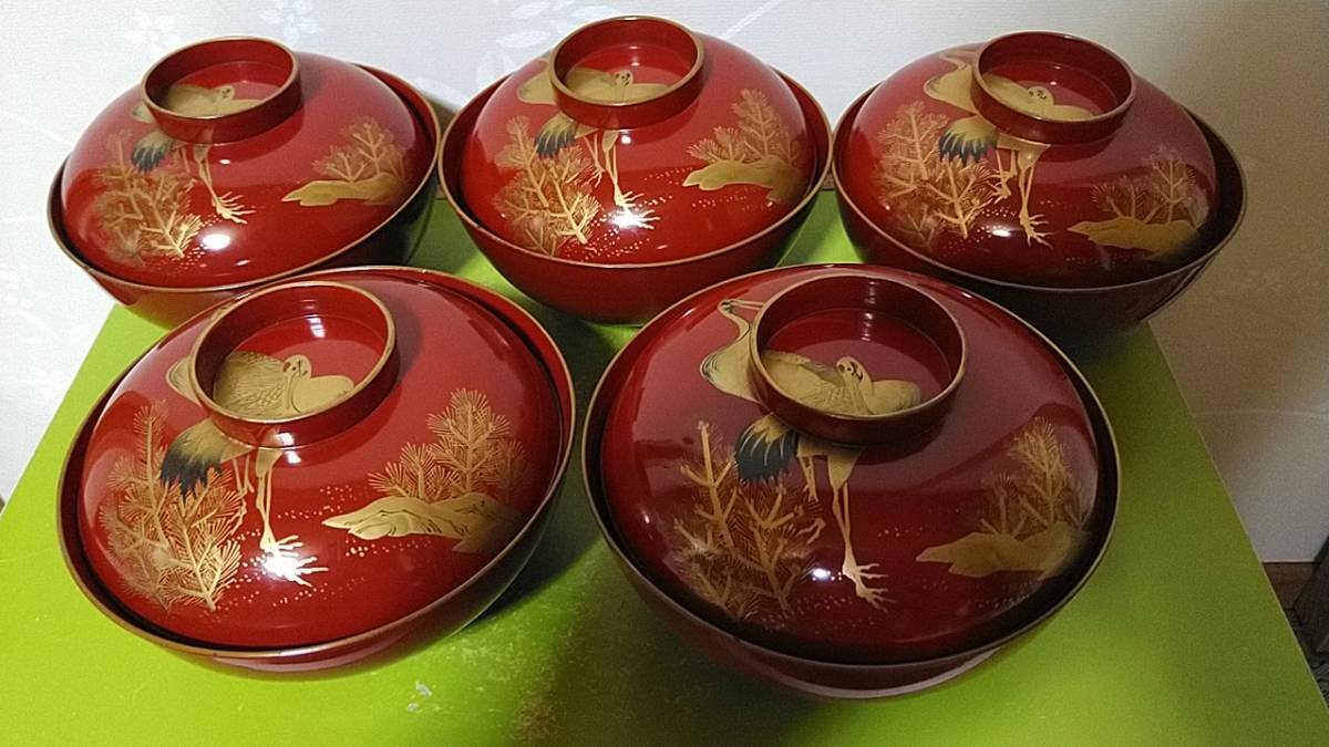 輪島塗 金蒔絵 双鶴 天然木 菓子椀 見返し 亀 黒塗 蓋付 明治・