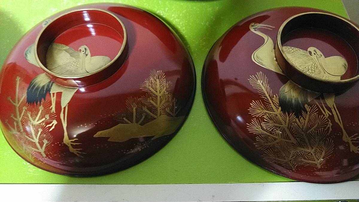 輪島塗 金蒔絵 双鶴 天然木 菓子椀 見返し 亀 黒塗 蓋付 明治・