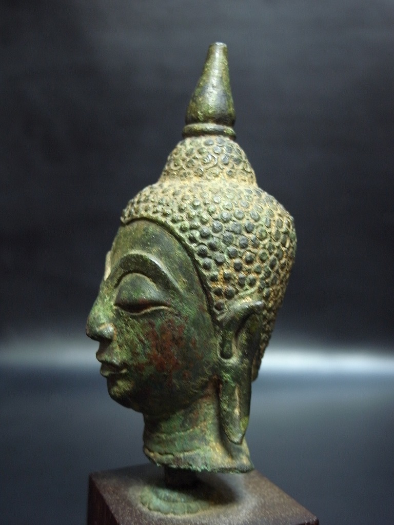 ブロンズ『泰国如来仏頭』台座付 ⁄ 仏教美術 仏像 古銅 細密 置物 古銅