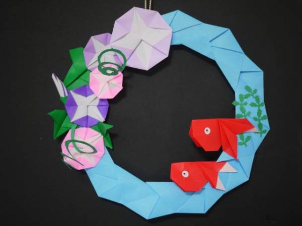 あさがおと金魚のリース 折り紙 壁面飾り ハンドメイド 夏 折り紙 千代紙 売買されたオークション情報 Yahooの商品情報をアーカイブ公開 オークファン Aucfan Com