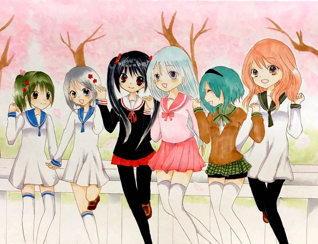 仲良し6人桜の道 手描きイラスト オリジナル 手描きイラスト 売買されたオークション情報 Yahooの商品情報をアーカイブ公開 オークファン Aucfan Com