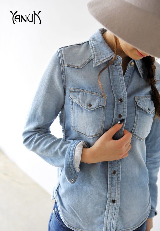 Yanuk ヤヌーク デニット ウエスタンシャツトップス デニムジャケット シンプルブラウス 羽織り 日本製 綿素材 サイズs ブルー青色系 ヤヌーク 売買されたオークション情報 Yahooの商品情報をアーカイブ公開 オークファン Aucfan Com