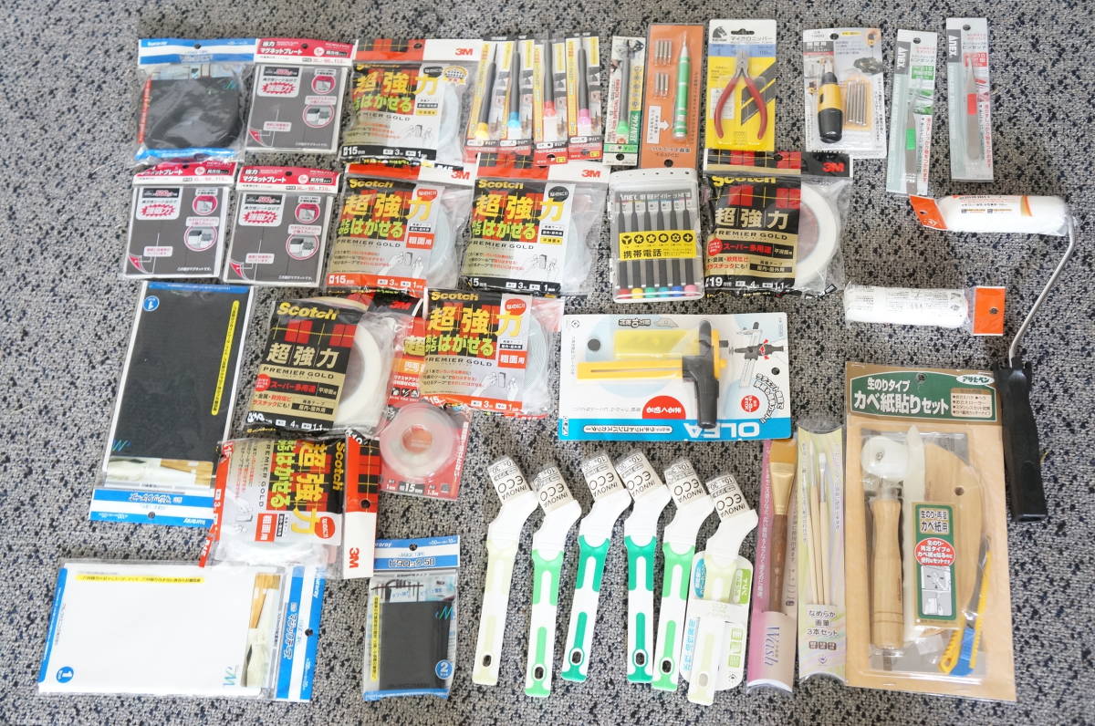 T10 ホームセンターdiy約37点 塗装用ハケ ローラー壁紙貼りセット３m 両面テープ Olfaコンパスカッター等 ニッパー精密ドライバー 塗料 売買されたオークション情報 Yahooの商品情報をアーカイブ公開 オークファン Aucfan Com