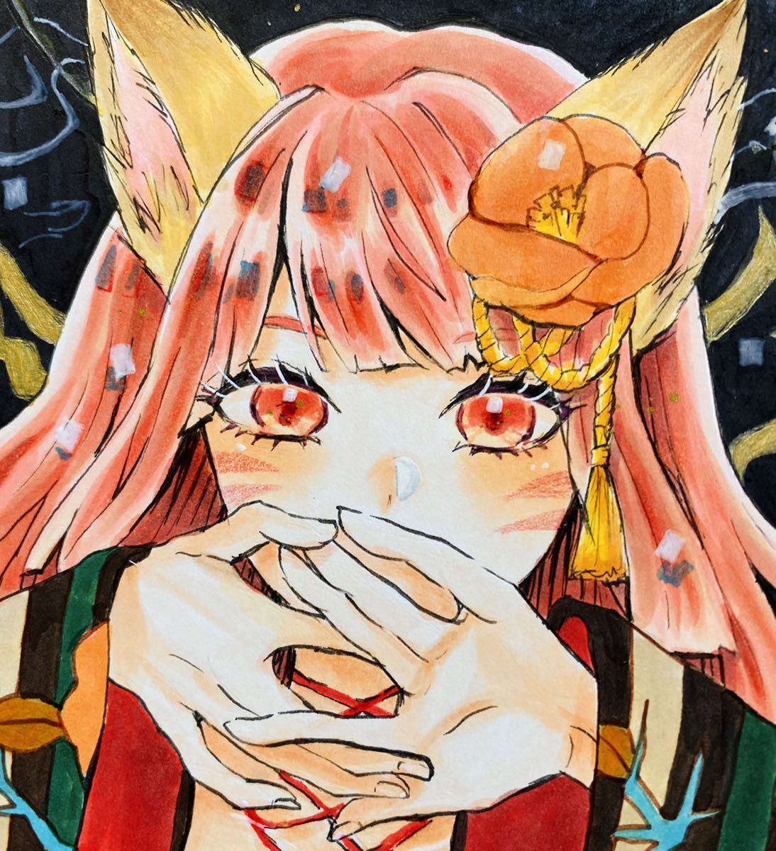 狐の窓 手描きイラスト 和装シリーズ コピック 原画 女の子 狐耳 手描きイラスト 売買されたオークション情報 Yahooの商品情報をアーカイブ公開 オークファン Aucfan Com