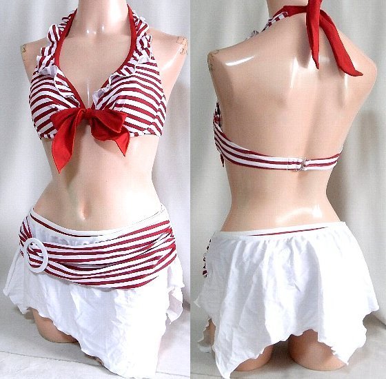 かわいいフリル付き赤白ボーダー 赤ビキニ水着 白スカート付 ホルターネック 売買されたオークション情報 Yahooの商品情報をアーカイブ公開 オークファン Aucfan Com