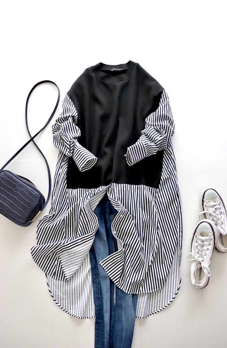 Zara ザラ 異素材 ストライプ ワンピース 切り替え ブラウス チュニック プルオーバー 長袖 ロング トップス 秋 黒 Lサイズ その他 売買されたオークション情報 Yahooの商品情報をアーカイブ公開 オークファン Aucfan Com