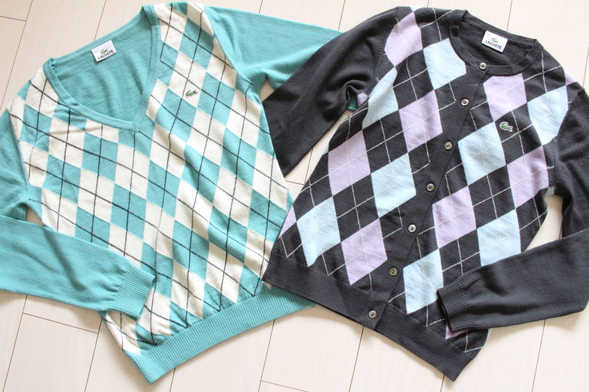 0516 ２着セット Lacoste ラコステ アーガイル柄 ニット カーディガン セーター 長袖 ブルー グレー 42 40 レディース その他 売買されたオークション情報 Yahooの商品情報をアーカイブ公開 オークファン Aucfan Com