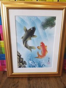 驚きの価格 Bm 紫雲 躍動感ある絵 山水 滝 水彩画 縦54 横幅45 跳ねる魚 魚 二匹の鯉 夫婦鯉 日本画 作 その他 Labelians Fr