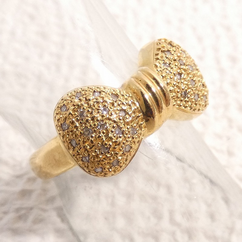 2108-0276○宝市/K18/ダイヤモンドリング/11号/リボン/キュート/約5.0g 