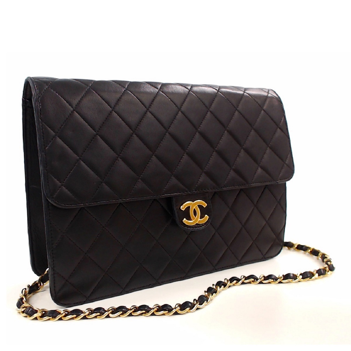 1円美品☆シャネル☆ラムスキン　マトラッセ　25㎝　プッシュロック　チェーンショルダー　黒　G金具【CHANEL】