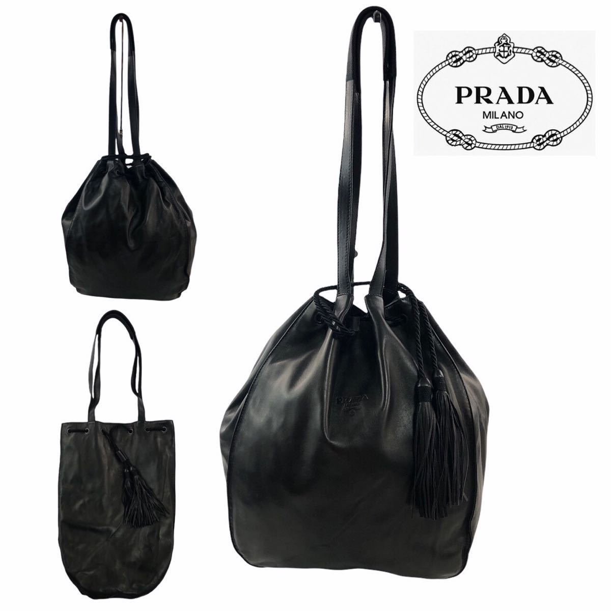 希少【極美品/A】PRADA プラダ レザー巾着トートバッグ ブラック 本革 レディース ブランド型押し 軽量 イタリア製 白タグ生産工場53 A2079