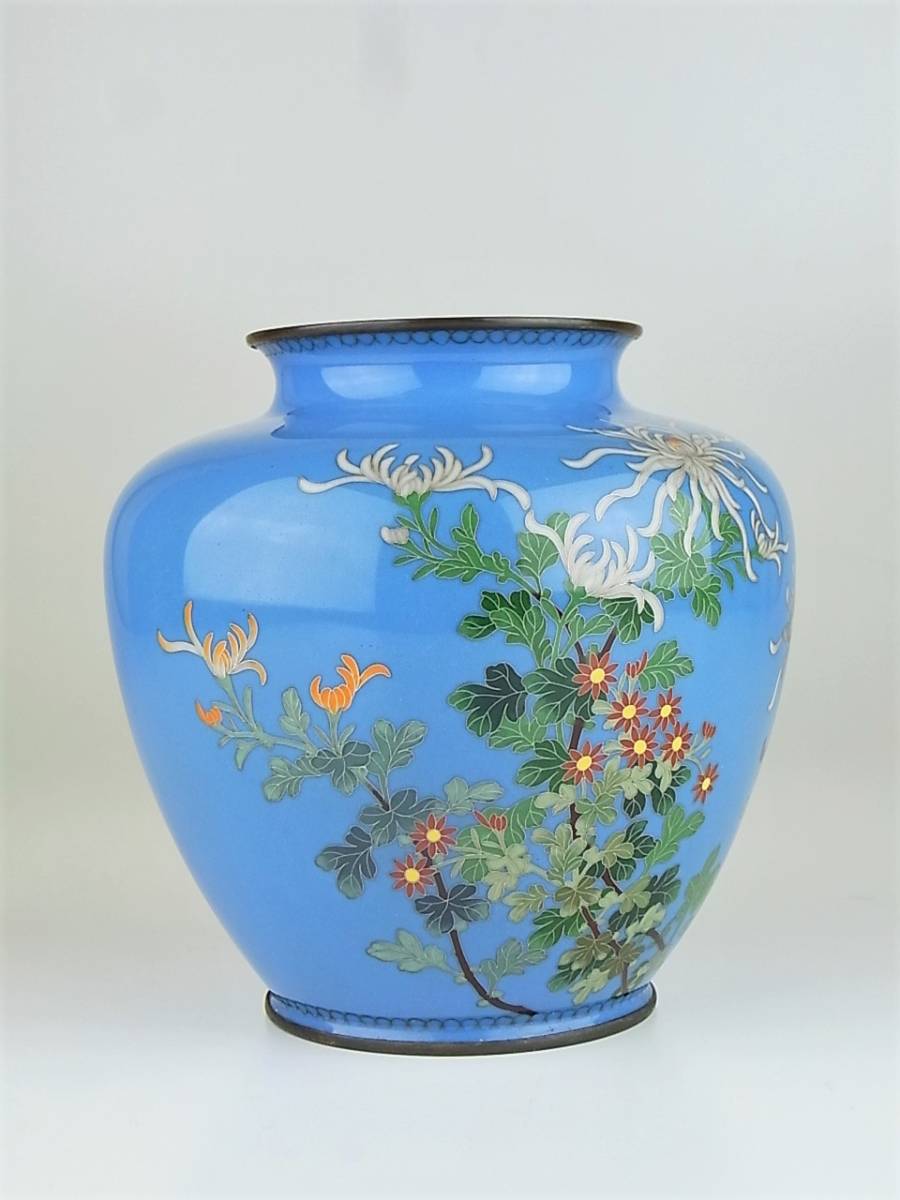 明治期 尾張七宝 菊に雀図銀線七宝花瓶 花鳥図 英国里帰り