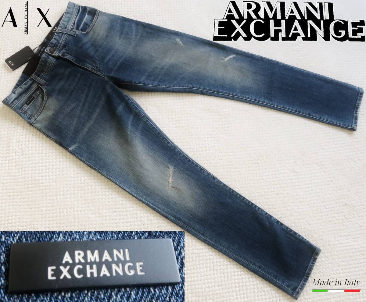 新品★アルマーニ★イタリア製★ダメージ インディゴ デニムジーンズ★快適な ストレッチ スキニー ヒゲ W34★ARMANI★685