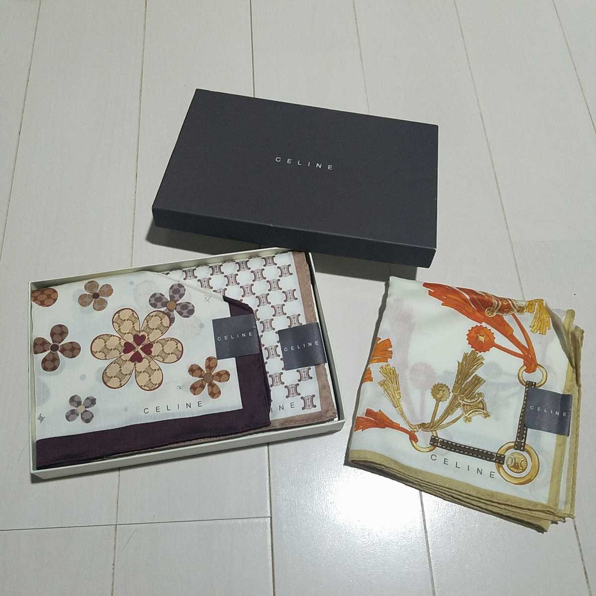未使用 セリーヌ CELINE スカーフ ハンカチ セット ハンカチ スカーフ セリーヌ マカダム ２枚セット 花
