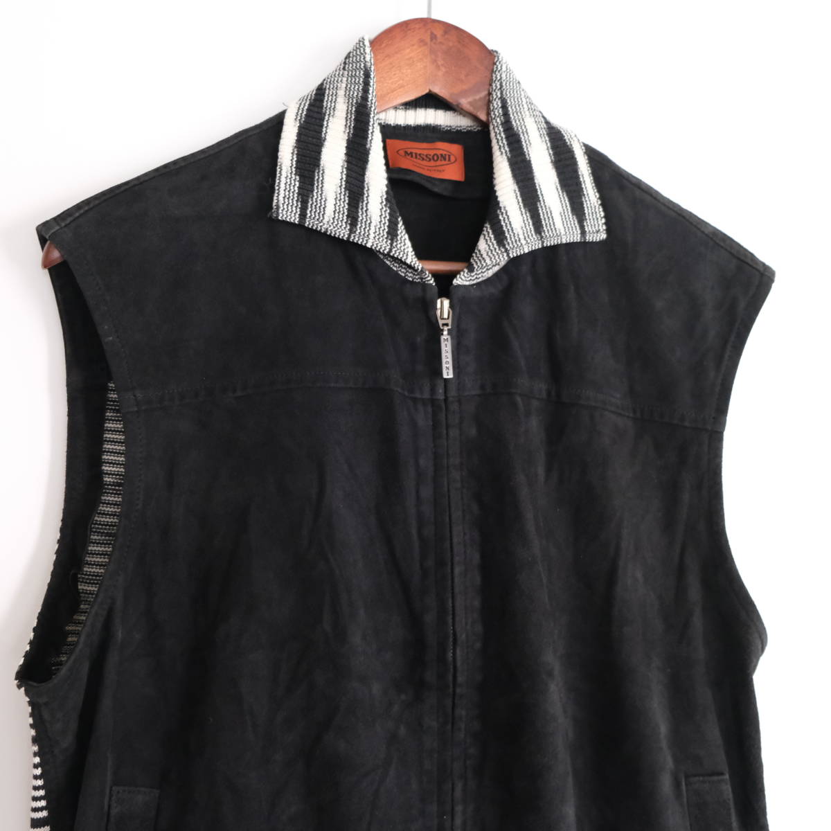 【 MISSONI 】ミッソーニ スエードレザー コットンニット ジップ ベスト / ブラック ホワイト 黒白 / 46 / メンズ 古着 イタリア製
