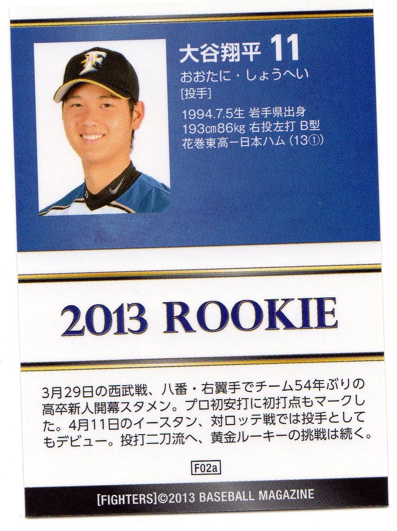 大谷翔平 Yahoo!オークション ルーキー」の落札相場・落札価格 ルーキー BBM 4番・ピッチャー」大谷が10奪三振2安打完封劇！北海道日本ハムが最終戦 ☆13 北海道日本ハム　大谷翔平　RC　キラパラレル（投手）☆
