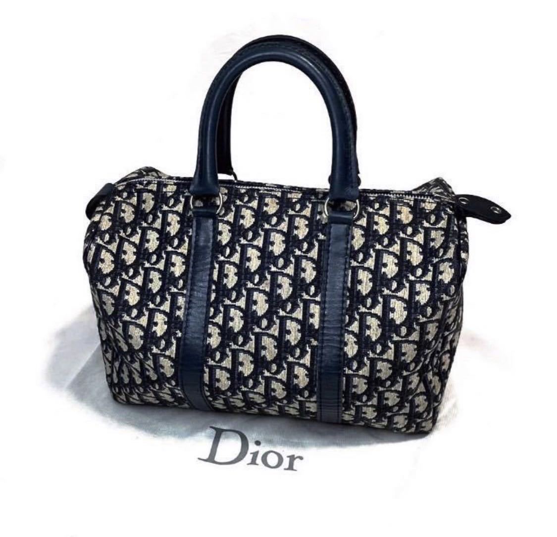 ■ 1円 スタート ■ 極美品 Christian Dior クリスチャンディオール トロッター 柄 ボストン ハンドバッグ トート キャンバス ネイビー