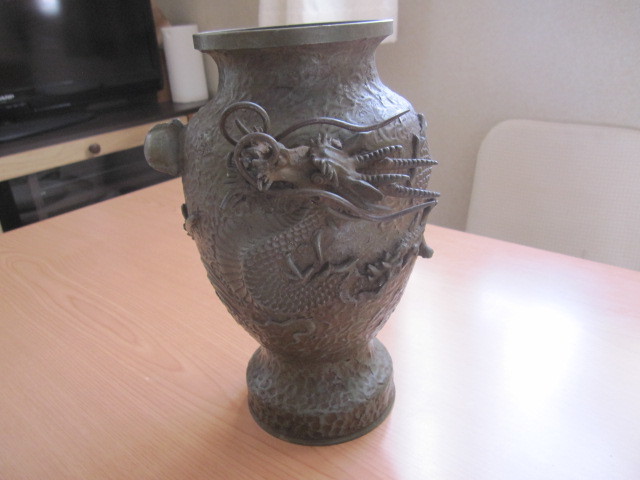 在銘 銅花瓶 龍彫刻 重さ約3kg 花器 花瓶 銅製 銅 浮彫昇
