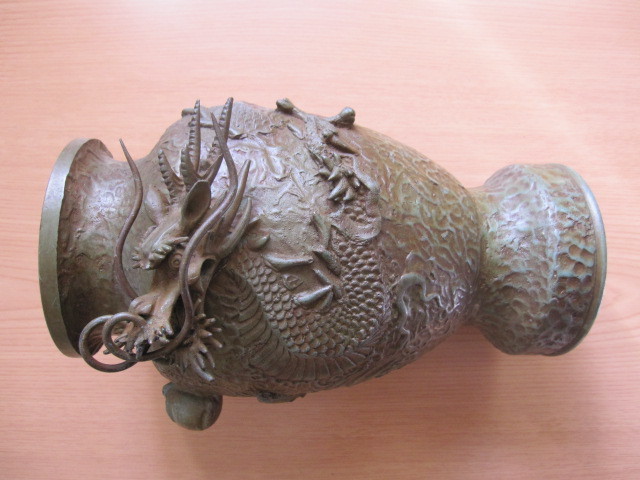 在銘 銅花瓶 龍彫刻 重さ約3kg 花器 花瓶 銅製 銅 浮彫昇