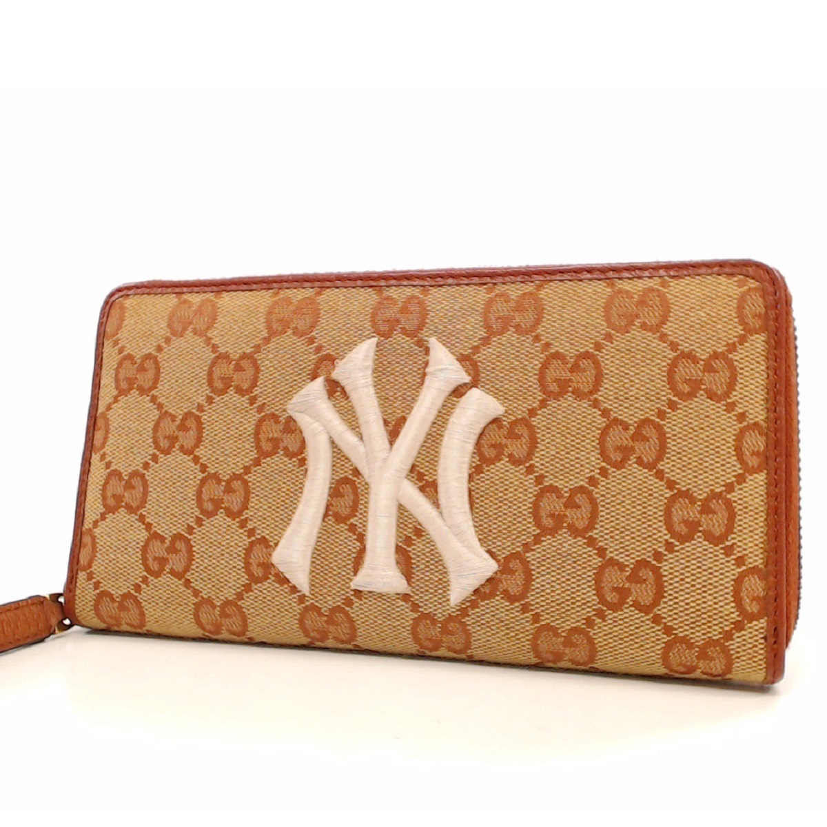 1円美品☆グッチ☆ＧＧキャンバス　ニューヨーク・ヤンキースパッチ　ラウンド長財布　ベージュ×ブラウン【GUCCI】