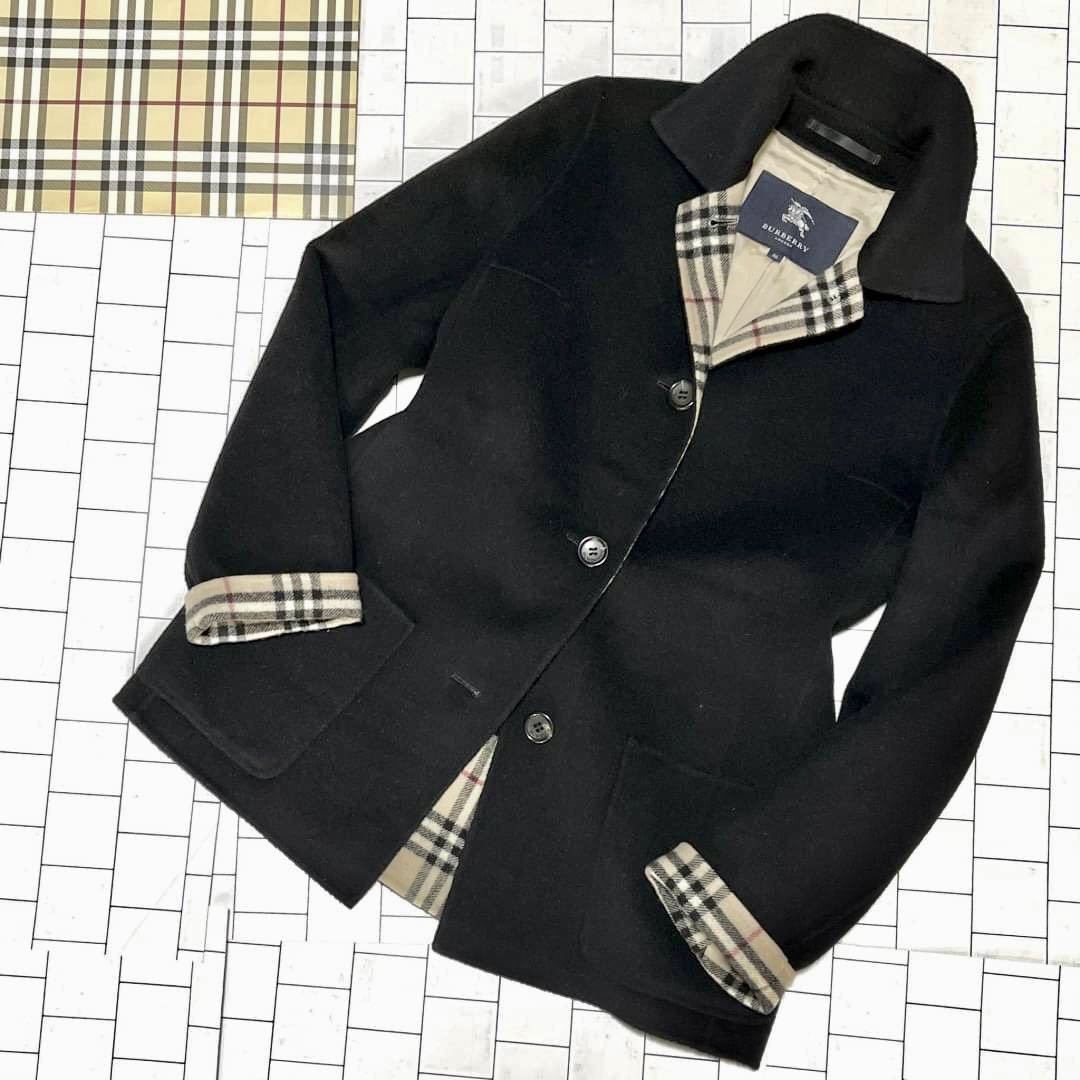 美品 バーバリーロンドン カシミヤ コート ノバチェック レディース 黒