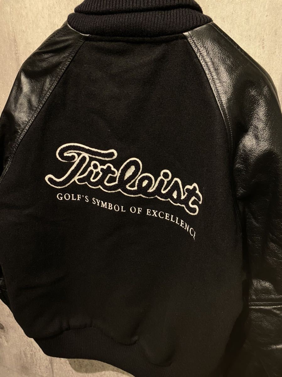 本格的！訳あり 新品同様 Titleist タイトリスト 袖牛革 レザー スタジャン 黒×黒 size M スタジアムジャケット ゴルフウェア 
