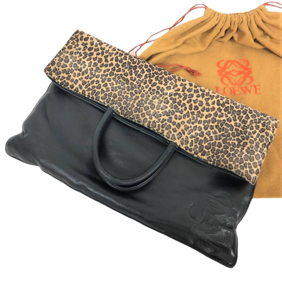 正規品，お得 LOEWE ロエベ 2way ハンド クラッチ バッグ トート ナッパ ラム レザー スエード レオパード アナグラム ロゴ ブラック ブラウン ヒョウ柄(ハンドバッグ)｜売買されたオークション情報、yahooの 女性用