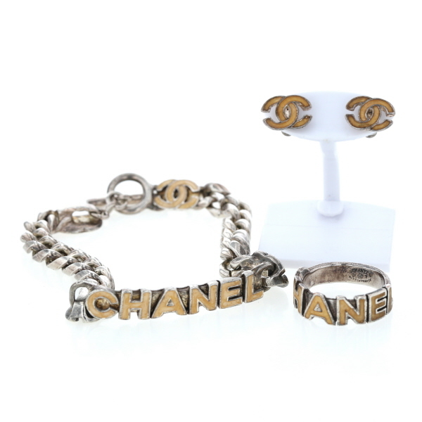 シャネル CHANEL シャネル アクセサリー3点セット ブレスレット リング ピアス ココマーク ＃12 ロゴデザイン シルバー 【xx】【中古】