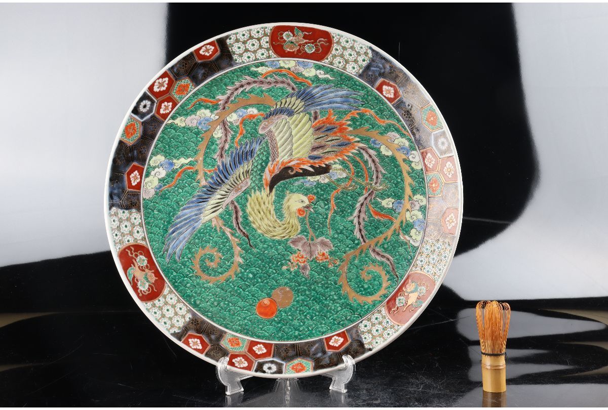 古伊万里 金彩色絵桐に鳳凰図花文大皿 径一尺八寸オーバー 江戸時代