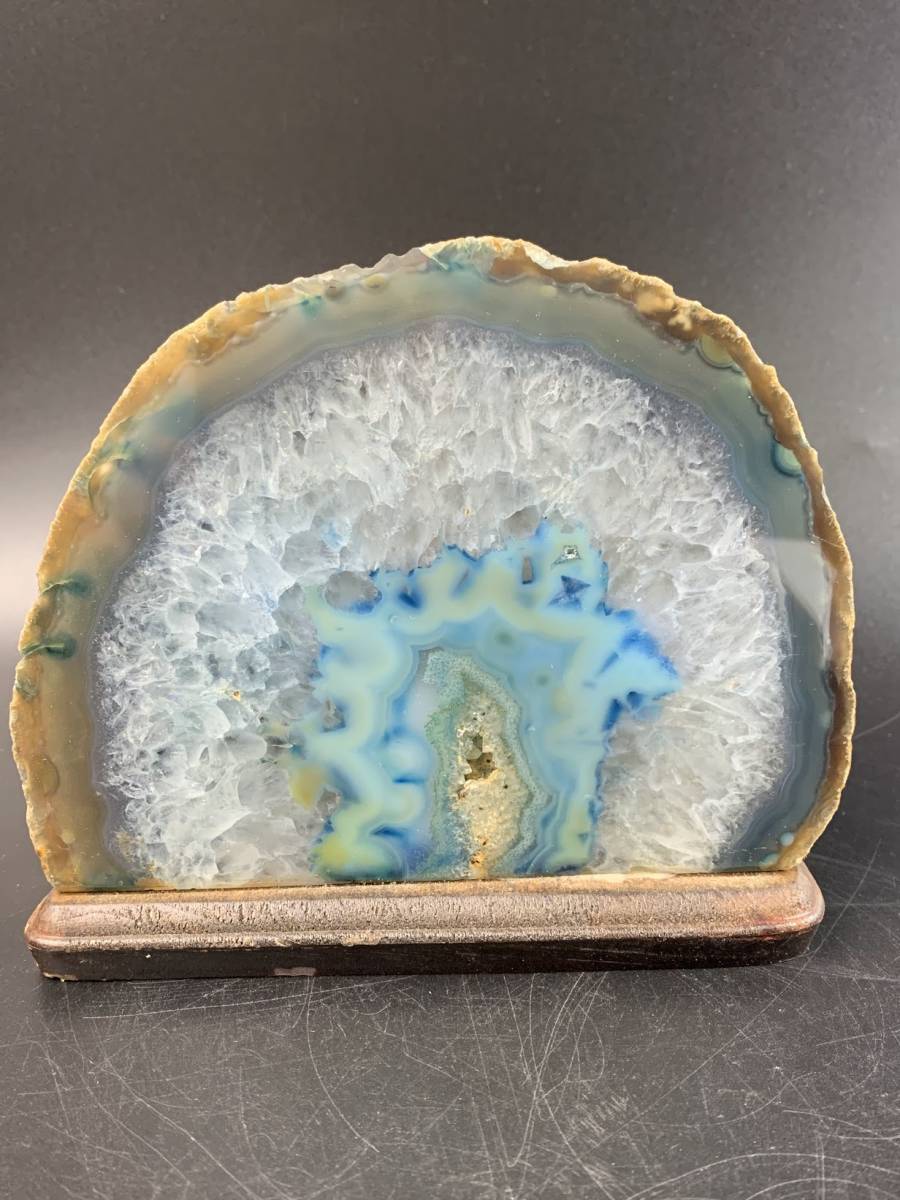 結】天然石 瑪瑙 めのう石 青メノウ 総重量約1164g（台座込み）鑑賞石