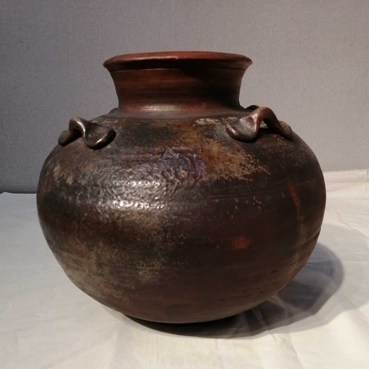 古備前】四耳壺 桃山時代窯印あり サイズ高さ29㌢ 径30㌢ 箱無し 古 