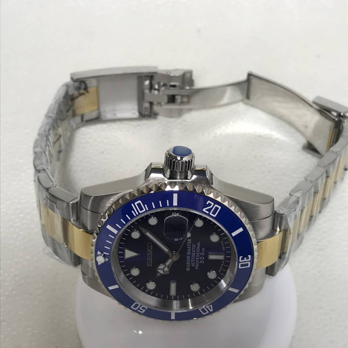 SEIKO MOD NH35 青サブ サンレイブルー 裏スケルトン ゴールドシルバー  