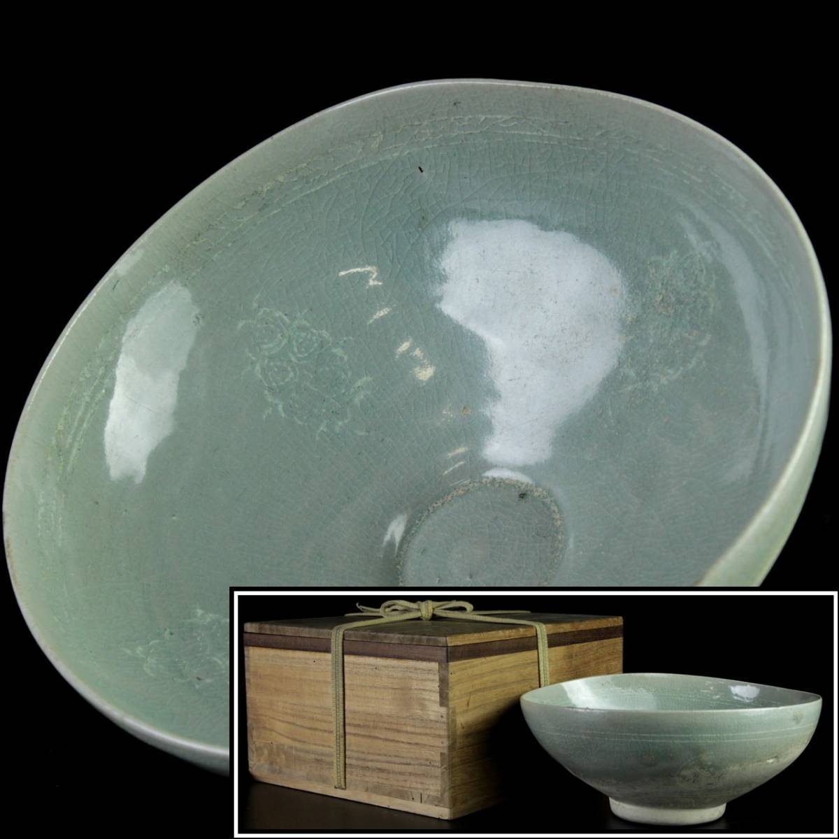 2025夏季 。◇爛◇2 高麗時代 青磁製 象嵌茶碗 21cm 箱付 高麗