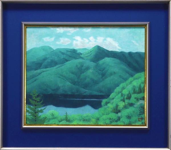 真作】【WISH】森正元「湖映」日本画 8号 絹本 山湖風景 〇師:児玉希望  