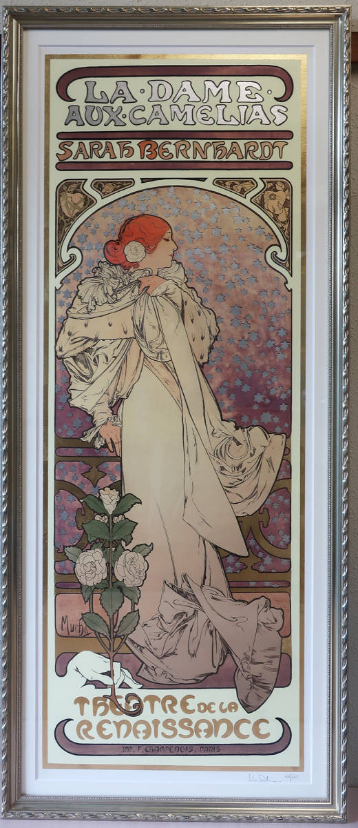 アルフォンス・ミュシャ リトグラフ 椿姫 額装 アルフォンス・ミュシャ「椿姫」リトグラフ版画 額装 真作保証(石版画